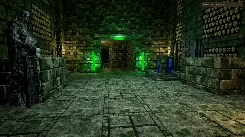 Green-lit stone catacomb chamber with statues, skull-lined walls and a fountain