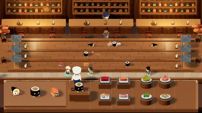 Living sushi troops and cooking counters inside a warm wooden bar