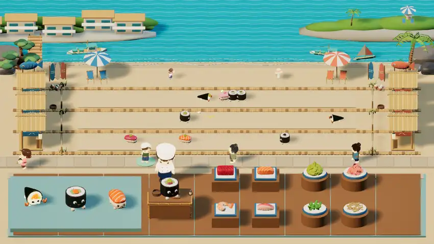 Three sushi battle lanes along a sandy beach beside blue water