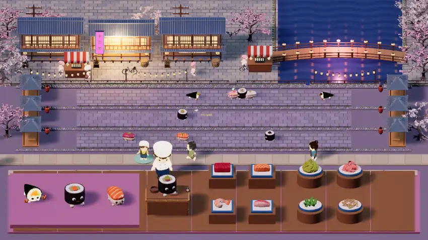Sushi troops and a busy kitchen beside a lantern-lit river