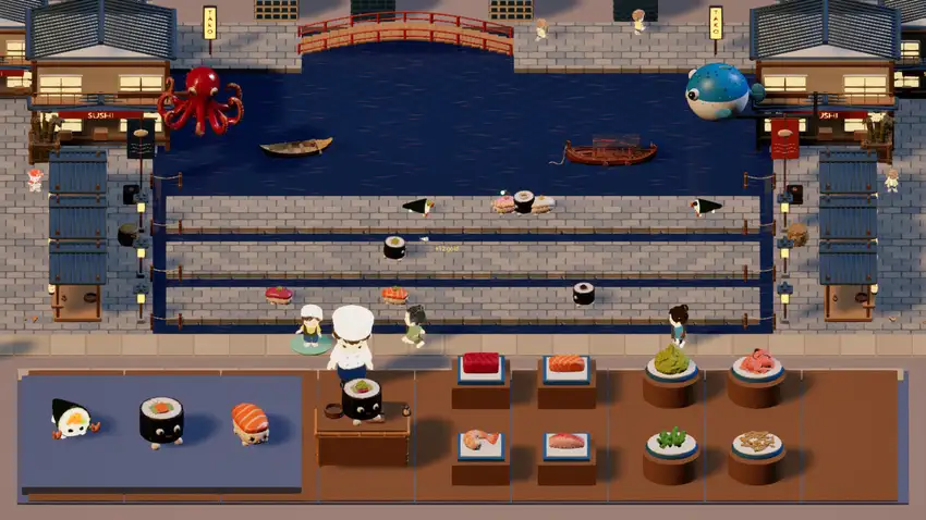 Sushi troops cross three lanes beside a canal, a red bridge and Japanese shopfronts