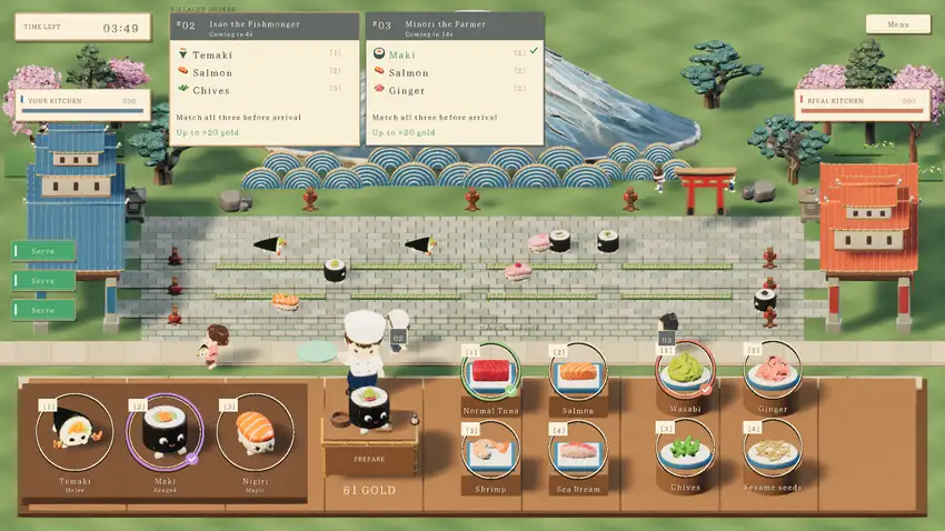 Prepare living sushi and match villager orders while your troops battle across three lanes
