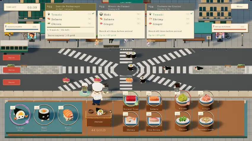 Cooking and sushi battles surrounded by colorful city buildings