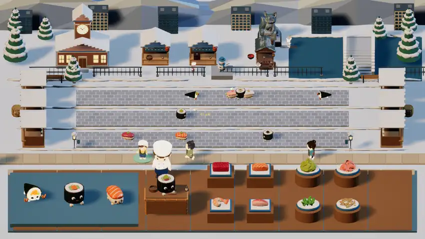 Sushi troops battle outside a snow-covered market with cooking ingredients in the foreground