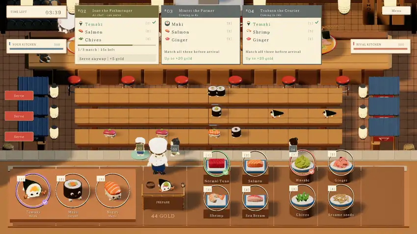 Customer orders, cooking ingredients and sushi troops in a ramen restaurant arena