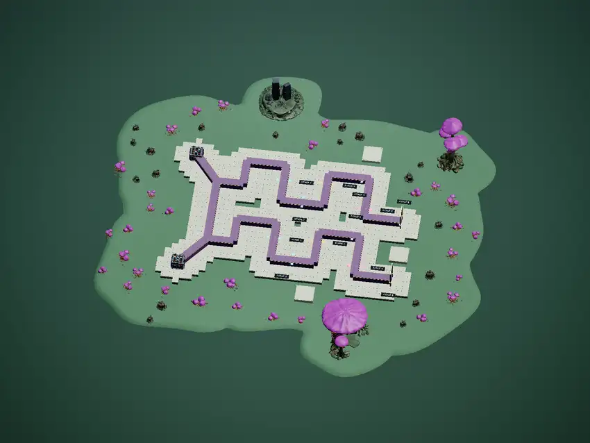 Mushroom Mainframe development battlefield with purple routes, giant mushroom landmarks and six numbered expansion stages
