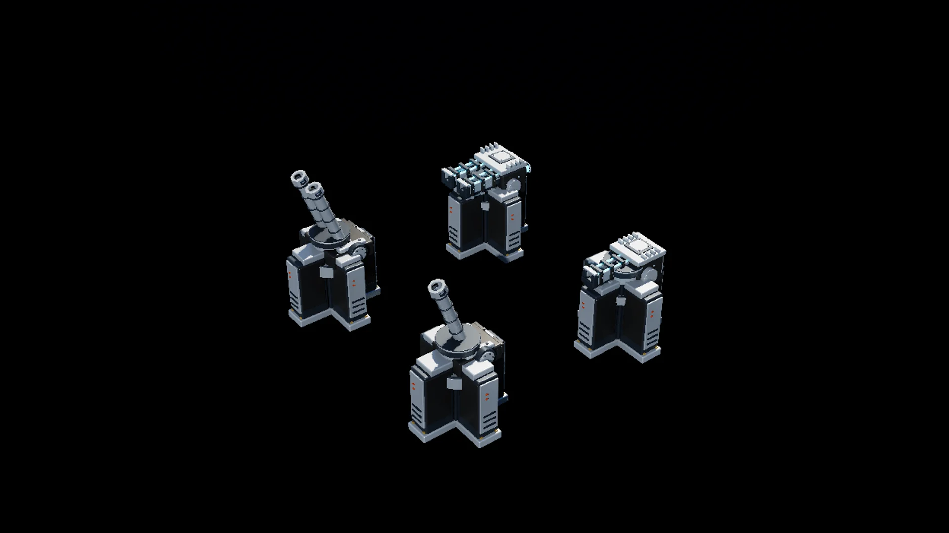 Normal and Plus Railgun and Artillery tower models on a black background