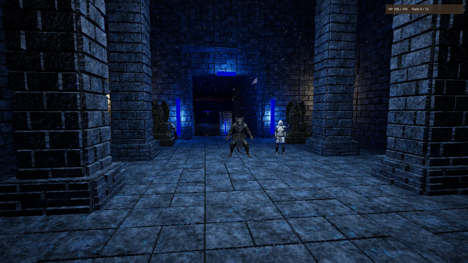 Enemies gather in a blue-lit catacomb chamber beneath stone arches