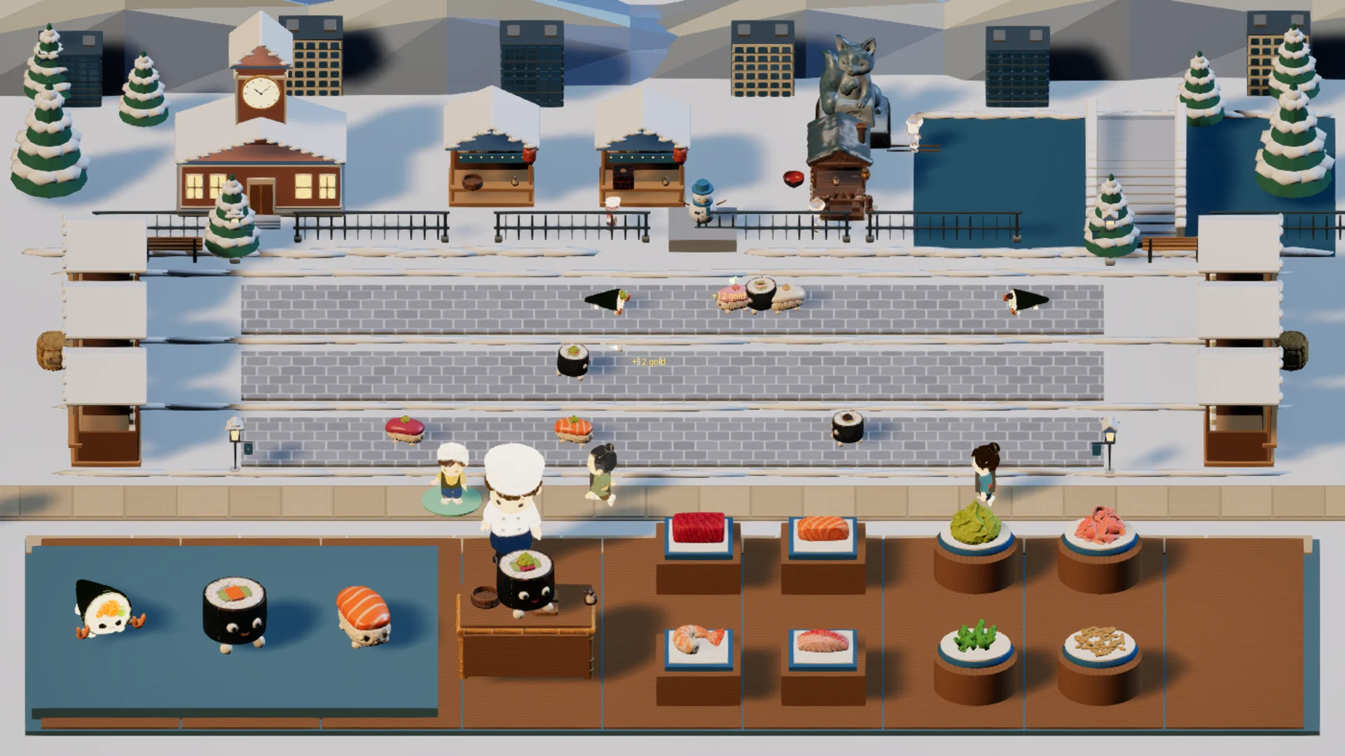 Sushi troops battle outside a snow-covered market with cooking ingredients in the foreground