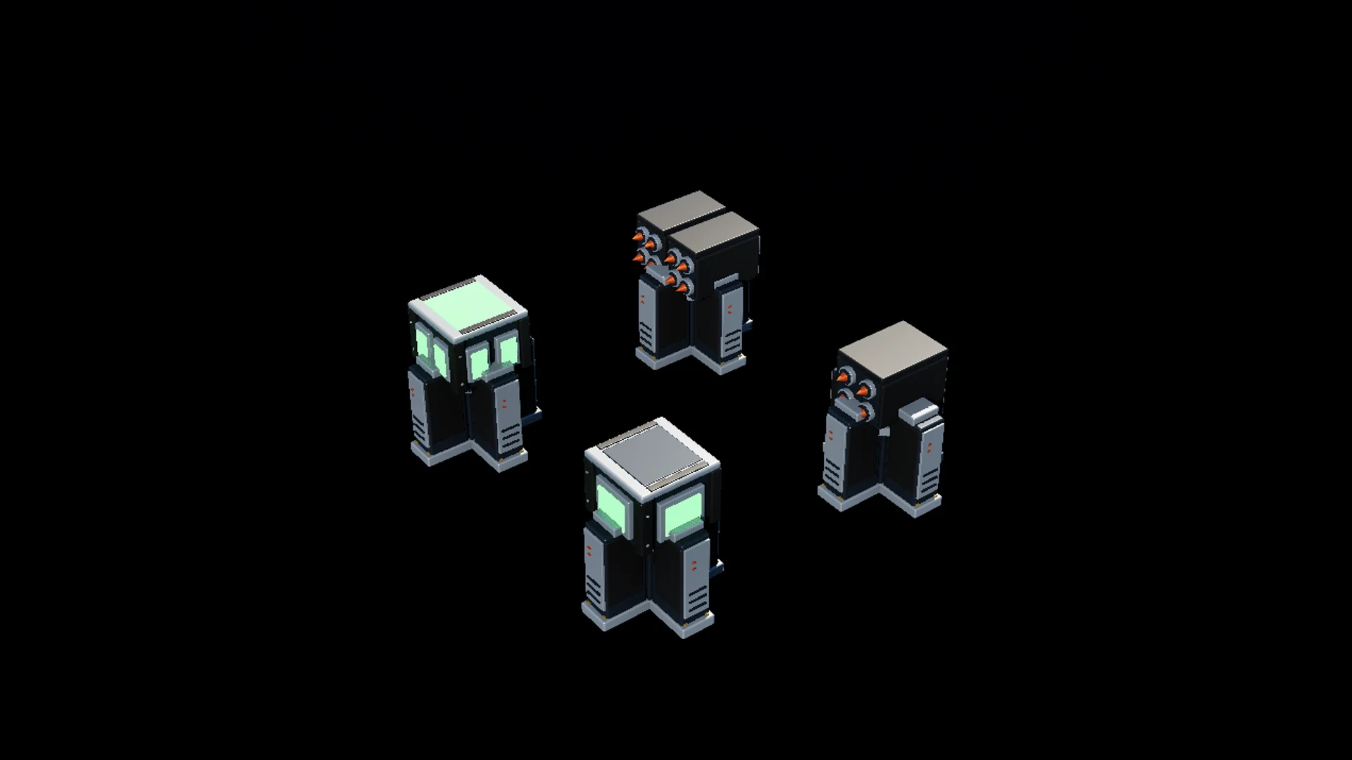 Normal and Plus Rocket and Resource Centre tower models on a black background