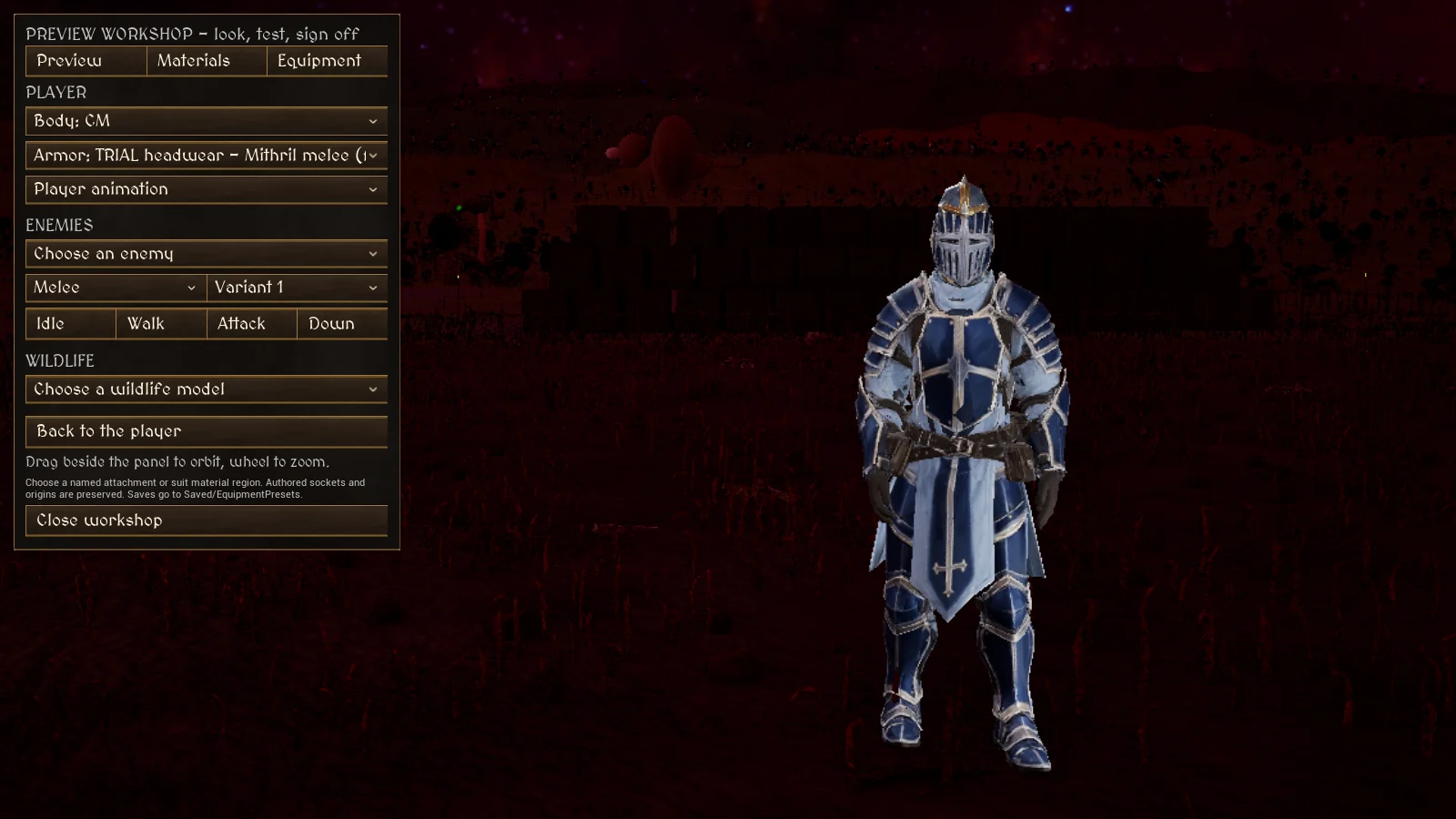 Mithril melee armor shown in the development equipment workshop
