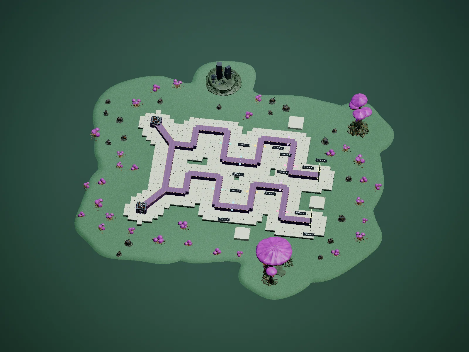 Mushroom Mainframe development battlefield with purple routes, giant mushroom landmarks and six numbered expansion stages