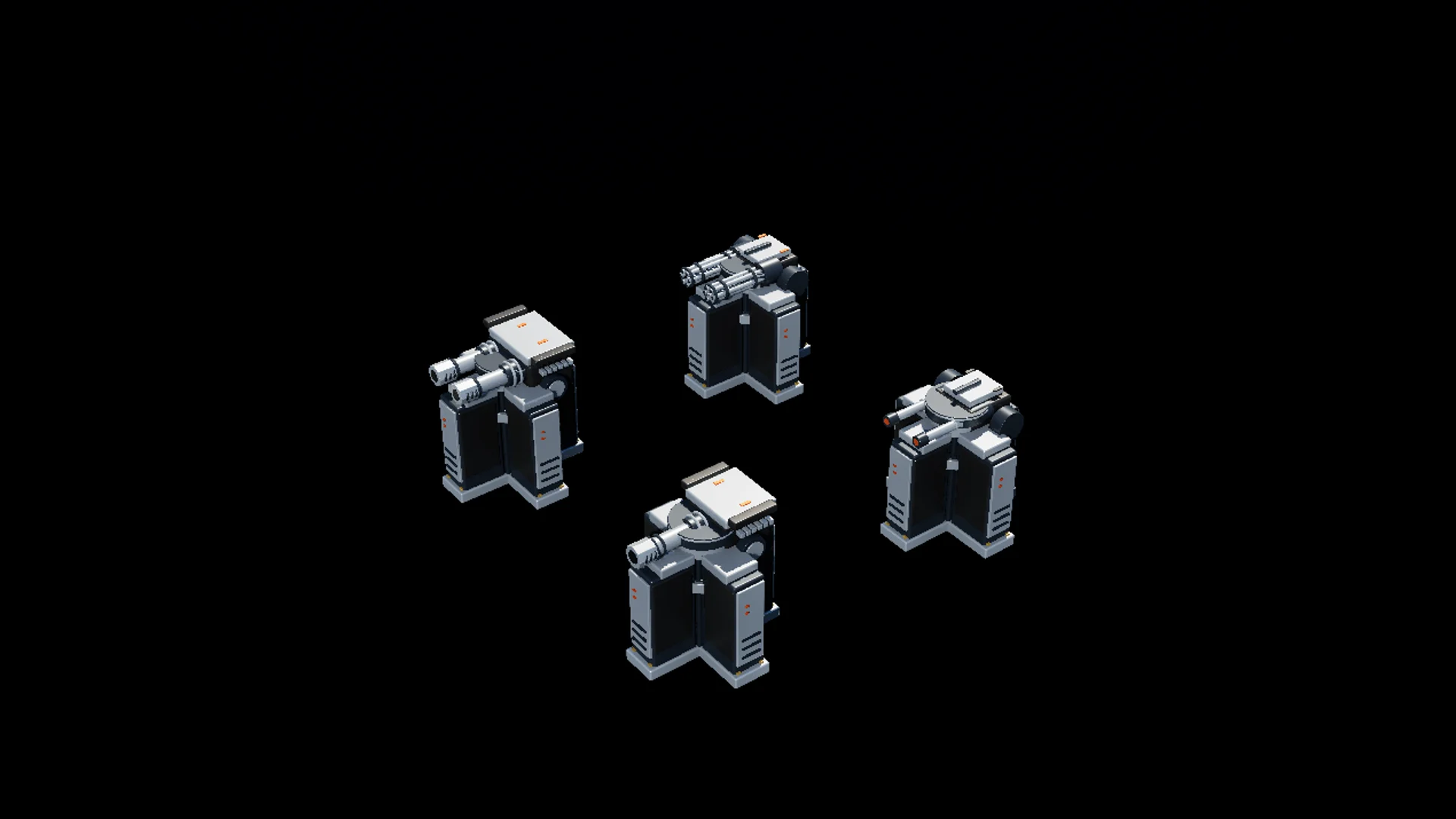 Normal and Plus Machine Gun and Auto Cannon tower models on a black background
